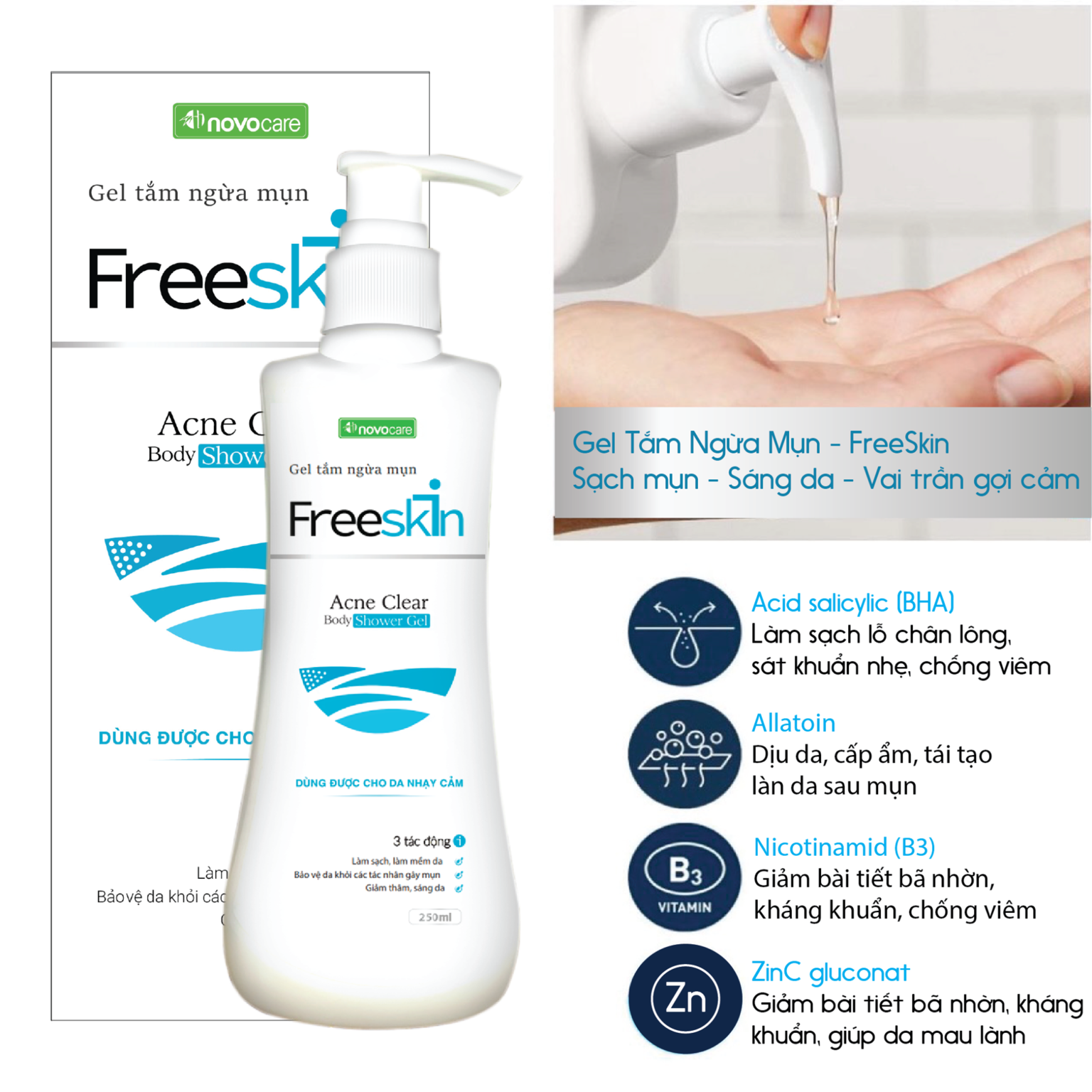 FREESKIN ACNE CLEAR BODY SHOWER GEL GEL TẮM NGỪA MỤN, DƯỠNG SÁNG DA